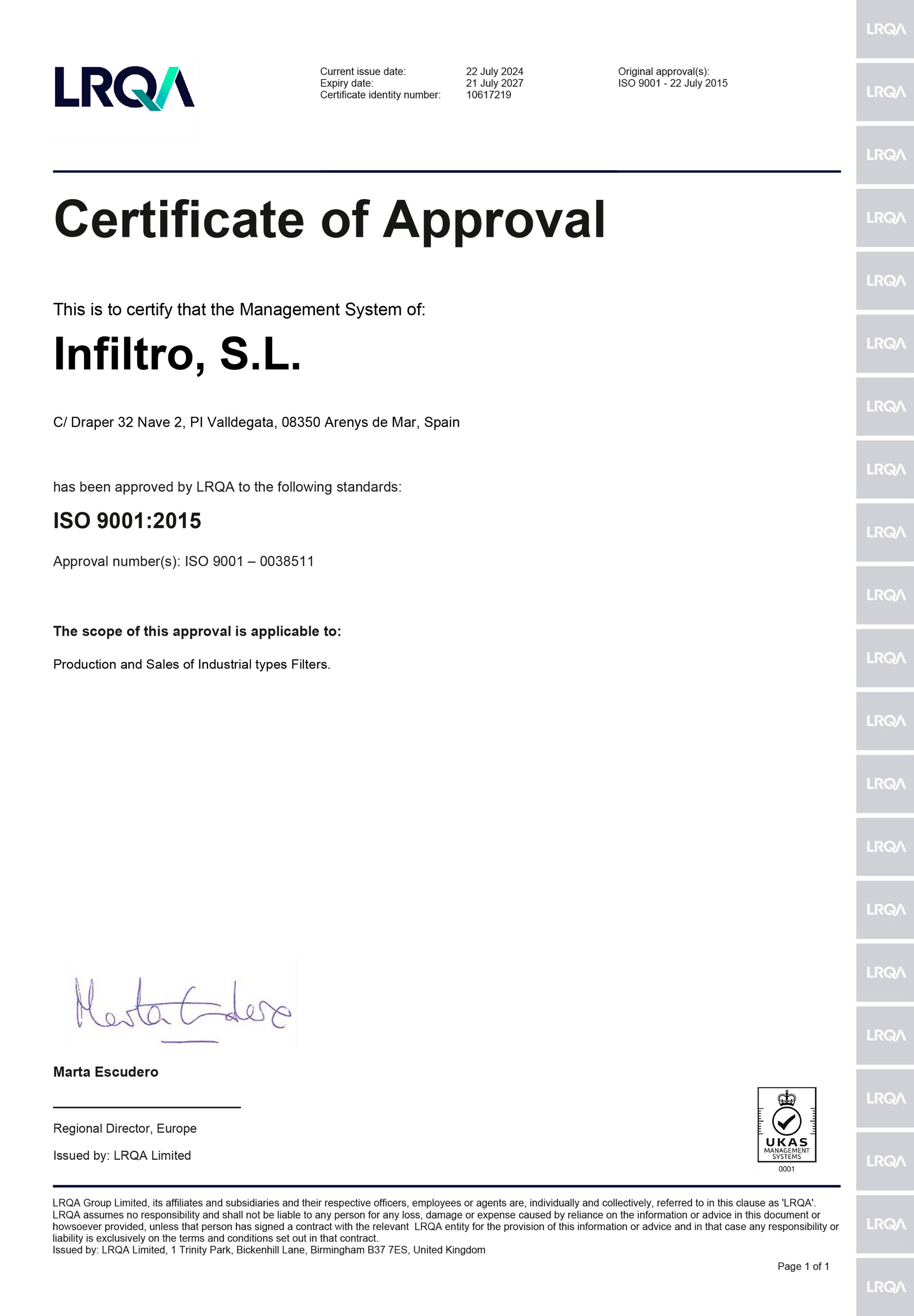 certificate of approval ISO 9001:2015