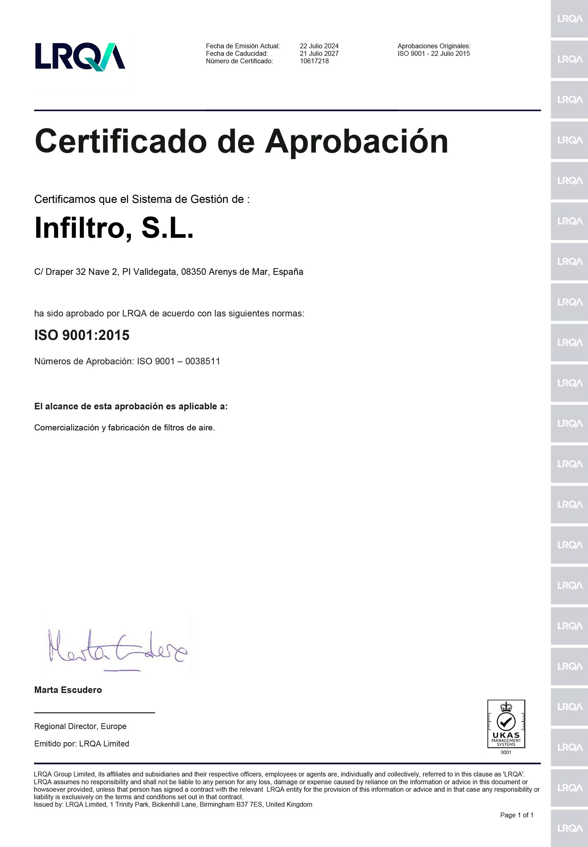 certificado de aprobación ISO 9001:2015